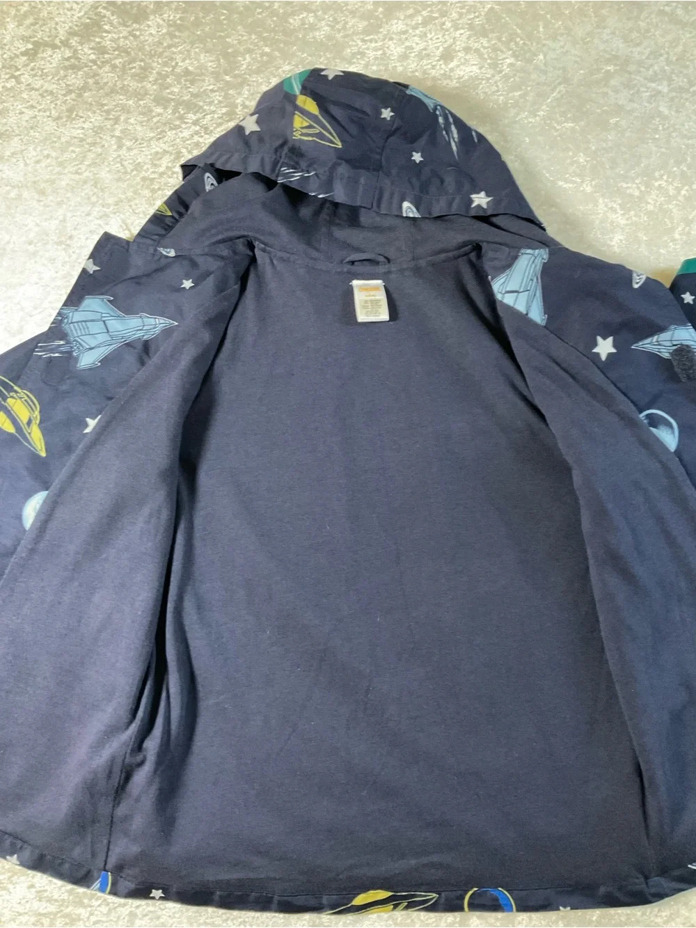 Gymboree Navy Space-Themed Hooded Raincoat with Yellow & Teal Accents